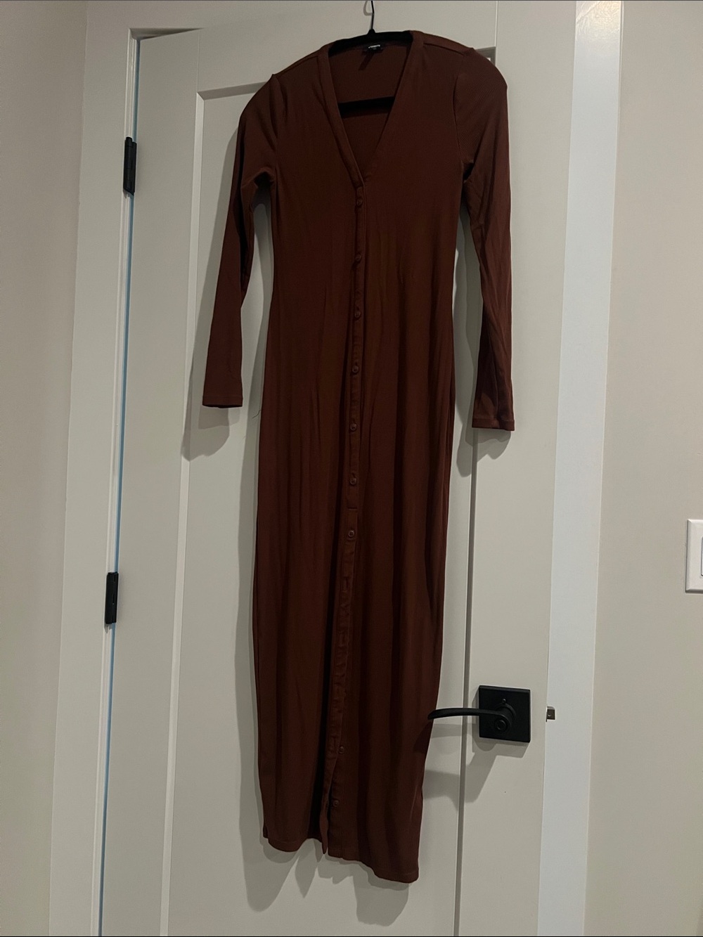 Express Long-Sleeve Button-Front Maxi Dress in Brown